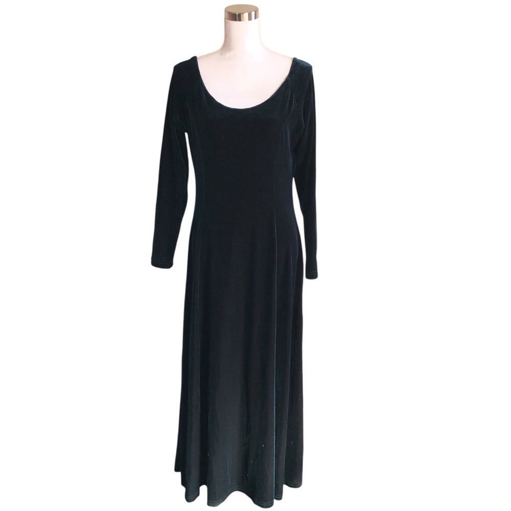 VINTAGE 80s 90s Moda Int'l Dark Green Long Sleeve Velvet Maxi Dress L Witch Goth